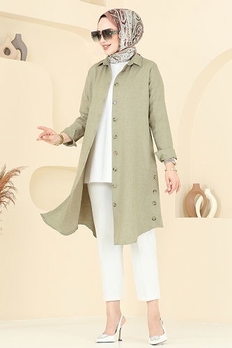 moda selvim Yırtmaç Düğmeli Tunik 3047KTR750 Çağla - Thumbnail