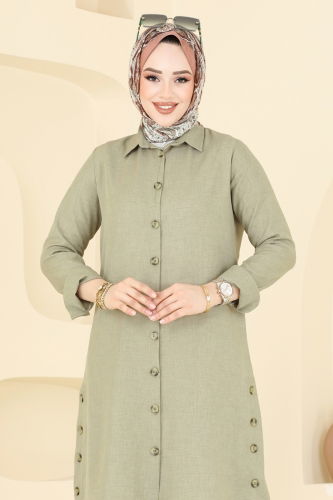 moda selvim Yırtmaç Düğmeli Tunik 3047KTR750 Çağla - Thumbnail