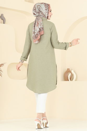 moda selvim Yırtmaç Düğmeli Tunik 3047KTR750 Çağla - Thumbnail