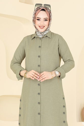 moda selvim Yırtmaç Düğmeli Tunik 3047KTR750 Çağla - Thumbnail