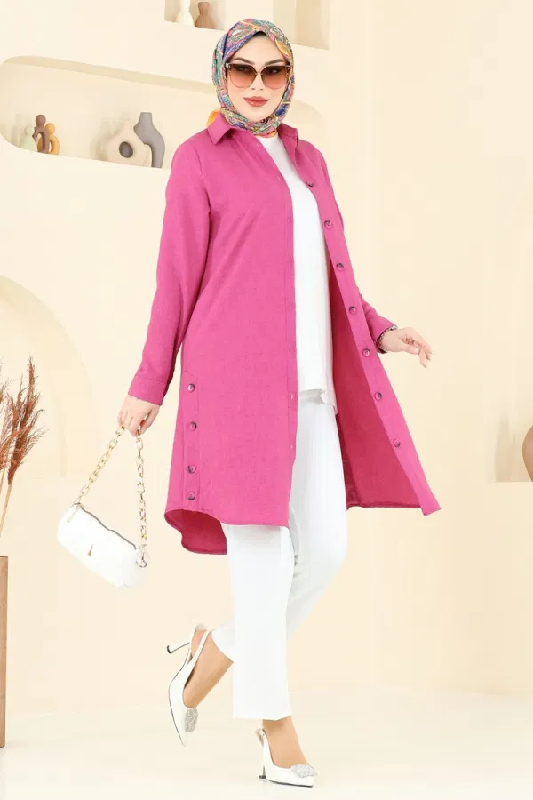 Modaselvim Tunik Yırtmaç Düğmeli Tunik 3047KTR750 Fuşya