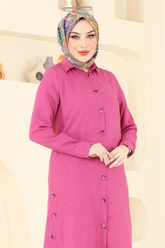 moda selvim Yırtmaç Düğmeli Tunik 3047KTR750 Fuşya - Thumbnail