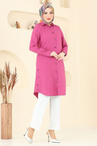 moda selvim Yırtmaç Düğmeli Tunik 3047KTR750 Fuşya - Thumbnail