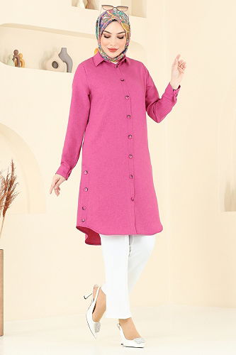 moda selvim Yırtmaç Düğmeli Tunik 3047KTR750 Fuşya - Thumbnail