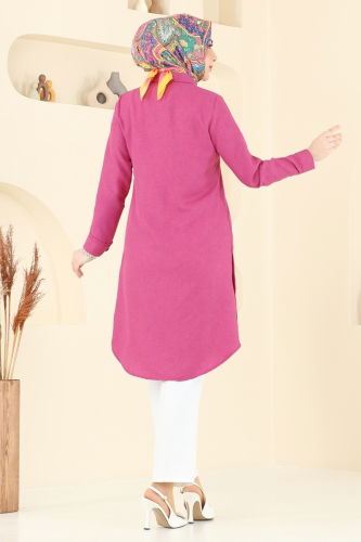 moda selvim Yırtmaç Düğmeli Tunik 3047KTR750 Fuşya - Thumbnail