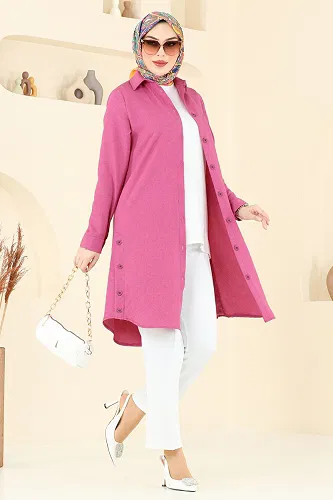 moda selvim Yırtmaç Düğmeli Tunik 3047KTR750 Fuşya - Thumbnail
