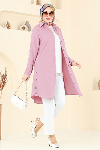 moda selvim Yırtmaç Düğmeli Tunik 3047KTR750 Gül Kurusu - Thumbnail