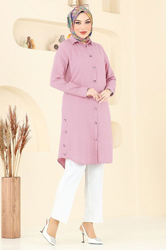 moda selvim Yırtmaç Düğmeli Tunik 3047KTR750 Gül Kurusu - Thumbnail
