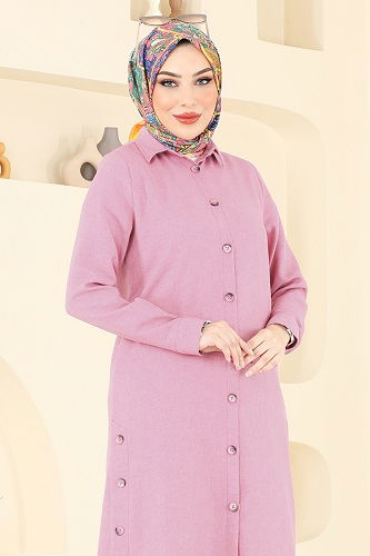 moda selvim Yırtmaç Düğmeli Tunik 3047KTR750 Gül Kurusu - Thumbnail