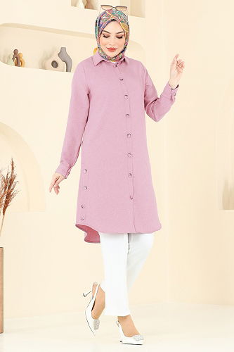 moda selvim Yırtmaç Düğmeli Tunik 3047KTR750 Gül Kurusu - Thumbnail