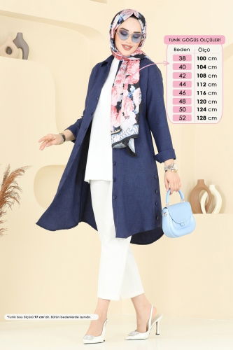 moda selvim Yırtmaç Düğmeli Tunik 3047KTR750 İndigo - Thumbnail
