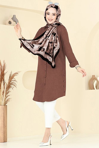 moda selvim Yırtmaç Düğmeli Tunik 3047KTR750 Kahve - Thumbnail