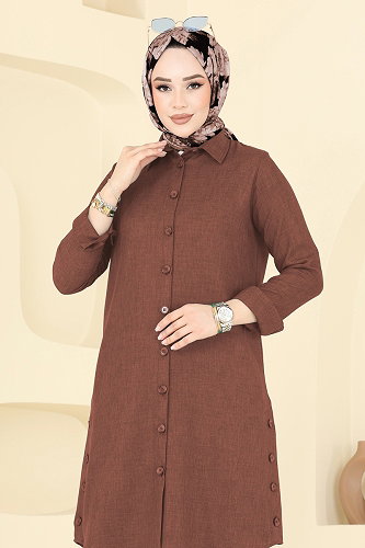 moda selvim Yırtmaç Düğmeli Tunik 3047KTR750 Kahve - Thumbnail