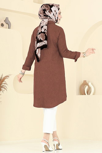 moda selvim Yırtmaç Düğmeli Tunik 3047KTR750 Kahve - Thumbnail