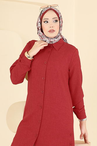 moda selvim Yırtmaç Düğmeli Tunik 3047KTR750 Kırmızı - Thumbnail