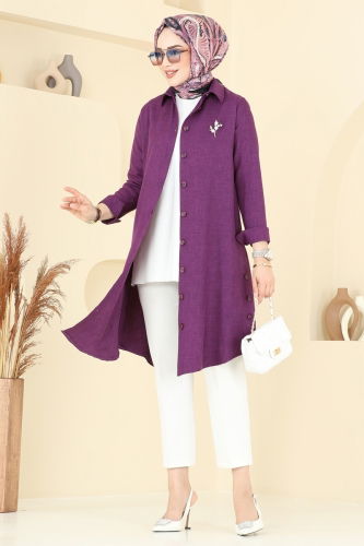 moda selvim Yırtmaç Düğmeli Tunik 3047KTR750 Koyu Lila - Thumbnail