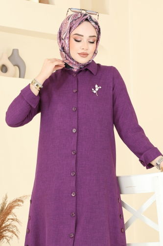 moda selvim Yırtmaç Düğmeli Tunik 3047KTR750 Koyu Lila - Thumbnail