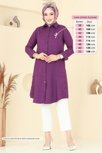 moda selvim Yırtmaç Düğmeli Tunik 3047KTR750 Koyu Lila - Thumbnail