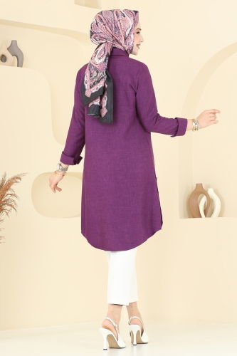 moda selvim Yırtmaç Düğmeli Tunik 3047KTR750 Koyu Lila - Thumbnail