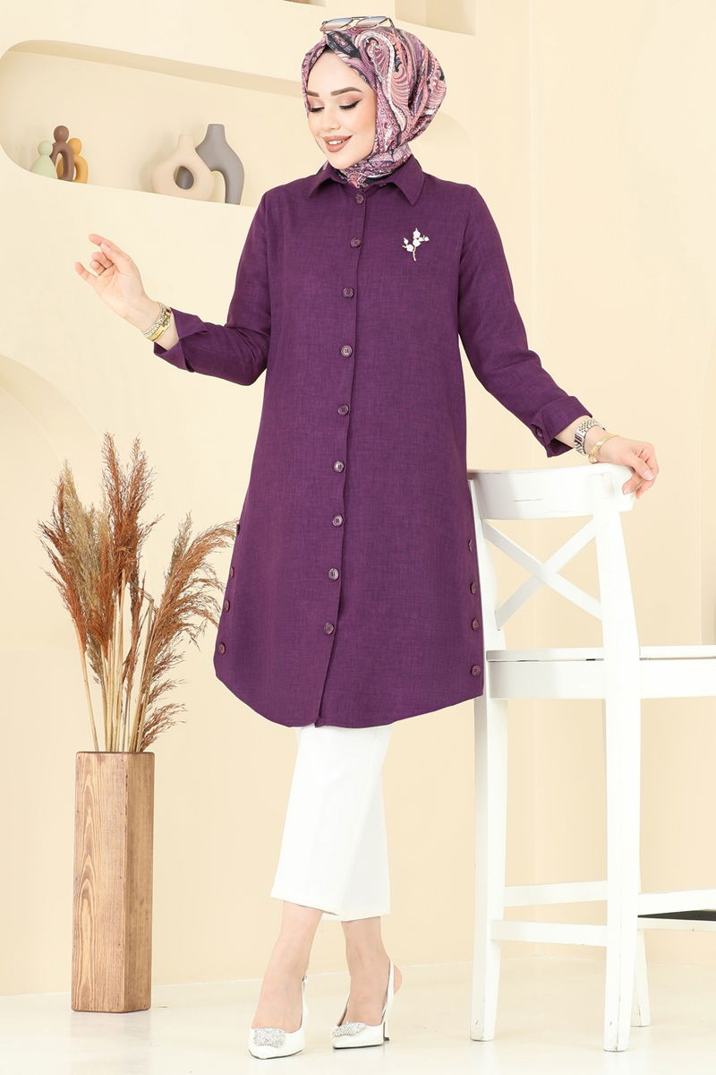 Yırtmaç Düğmeli Tunik 3047KTR750 Koyu Lila