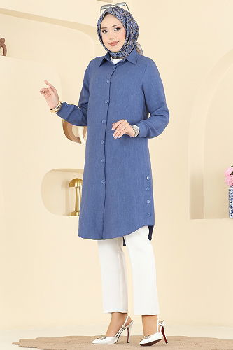 moda selvim Yırtmaç Düğmeli Tunik 3047KTR750 Koyu Mavi - Thumbnail