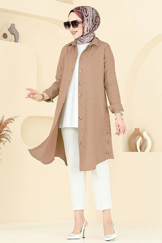 moda selvim Yırtmaç Düğmeli Tunik 3047KTR750 Latte - Thumbnail