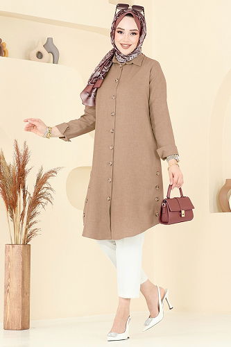 moda selvim Yırtmaç Düğmeli Tunik 3047KTR750 Latte - Thumbnail