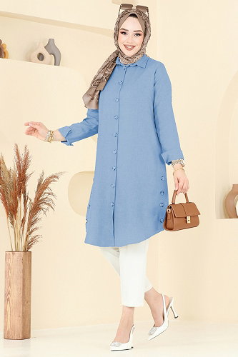 moda selvim Yırtmaç Düğmeli Tunik 3047KTR750 Mavi - Thumbnail