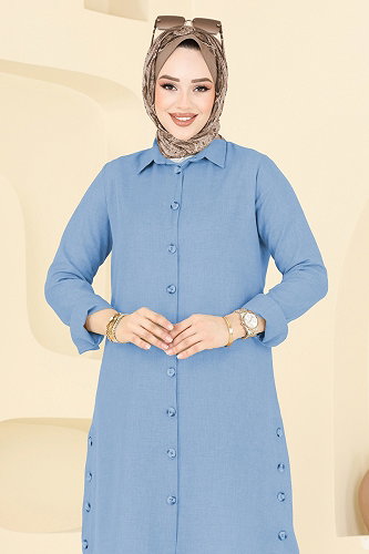 moda selvim Yırtmaç Düğmeli Tunik 3047KTR750 Mavi - Thumbnail