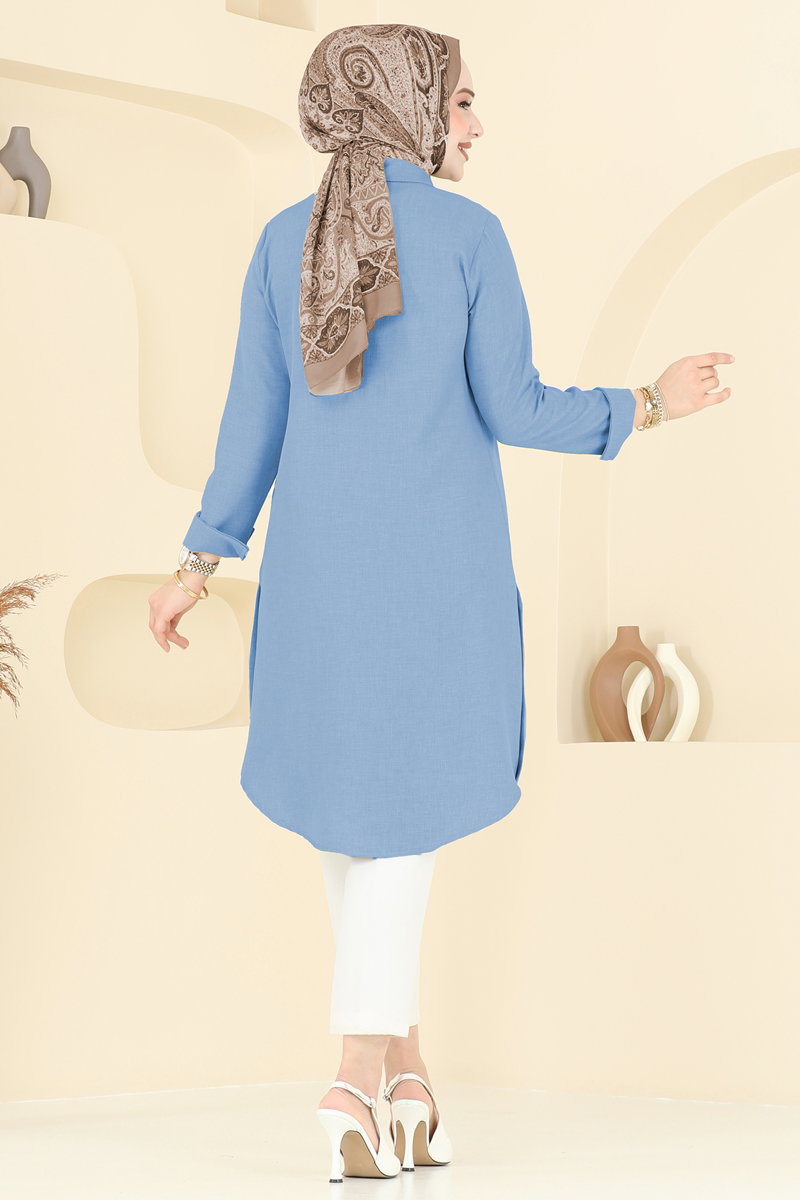 Yırtmaç Düğmeli Tunik 3047KTR750 Mavi - Moda Selvim