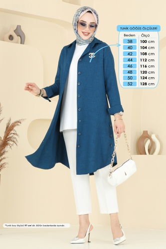 moda selvim Yırtmaç Düğmeli Tunik 3047KTR750 Petrol - Thumbnail