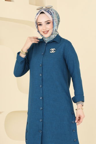moda selvim Yırtmaç Düğmeli Tunik 3047KTR750 Petrol - Thumbnail
