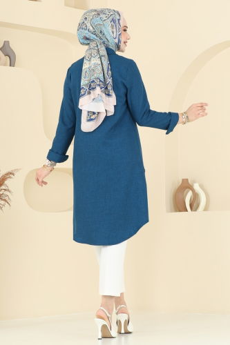 moda selvim Yırtmaç Düğmeli Tunik 3047KTR750 Petrol - Thumbnail