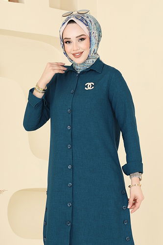 moda selvim Yırtmaç Düğmeli Tunik 3047KTR750 Petrol - Thumbnail