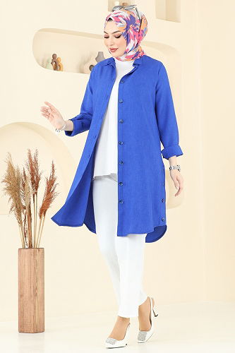 moda selvim Yırtmaç Düğmeli Tunik 3047KTR750 Saks - Thumbnail