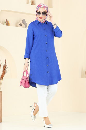 moda selvim Yırtmaç Düğmeli Tunik 3047KTR750 Saks - Thumbnail