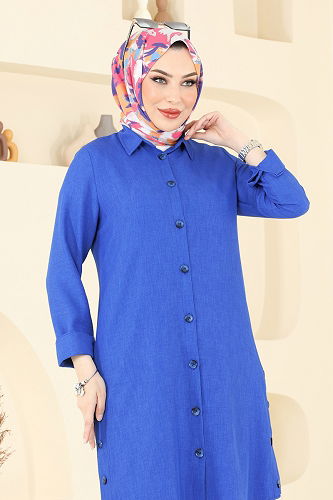 moda selvim Yırtmaç Düğmeli Tunik 3047KTR750 Saks - Thumbnail