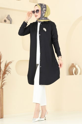moda selvim Yırtmaç Düğmeli Tunik 3047KTR750 Siyah - Thumbnail