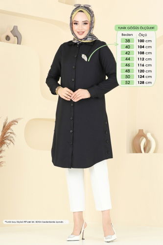moda selvim Yırtmaç Düğmeli Tunik 3047KTR750 Siyah - Thumbnail