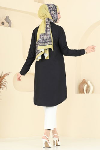moda selvim Yırtmaç Düğmeli Tunik 3047KTR750 Siyah - Thumbnail