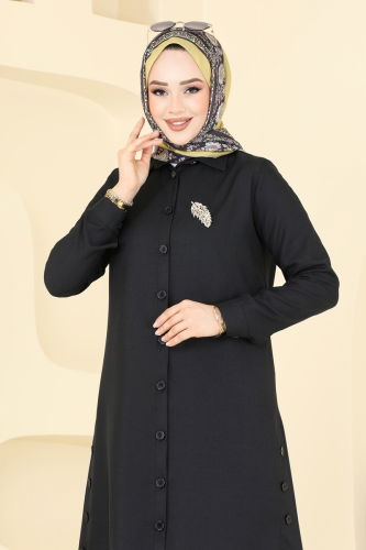 moda selvim Yırtmaç Düğmeli Tunik 3047KTR750 Siyah - Thumbnail