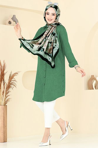 moda selvim Yırtmaç Düğmeli Tunik 3047KTR750 Yeşil - Thumbnail