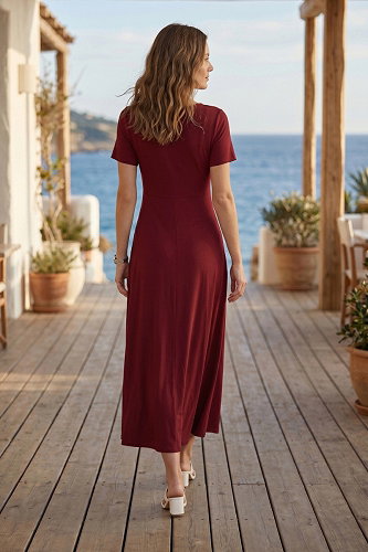 moda selvim Yırtmaç Görünümlü Elbise 62338JNT1202 Bordo - Thumbnail