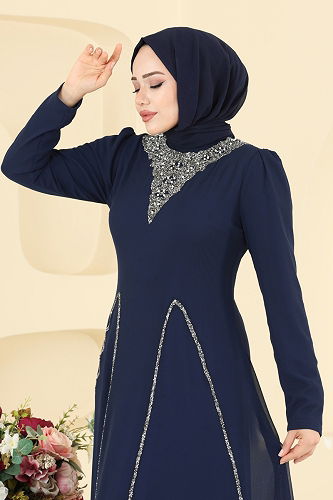 moda selvim Yırtmaç Görünümlü Taşlı Şifon Abiye 8106AB368 Laci - Thumbnail