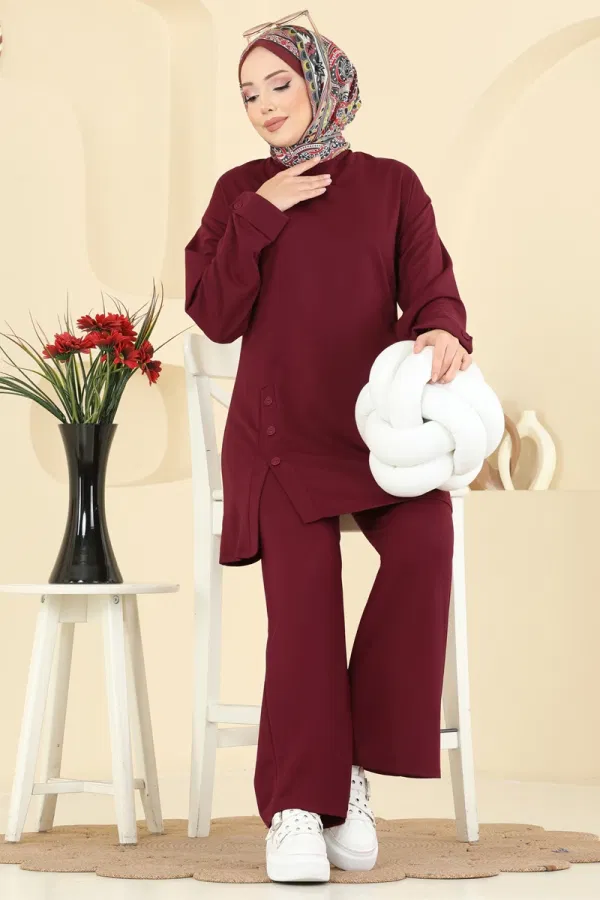 Modaselvim Kombin Yırtmacı Aksesuar Düğmeli Takım PL9181 Bordo