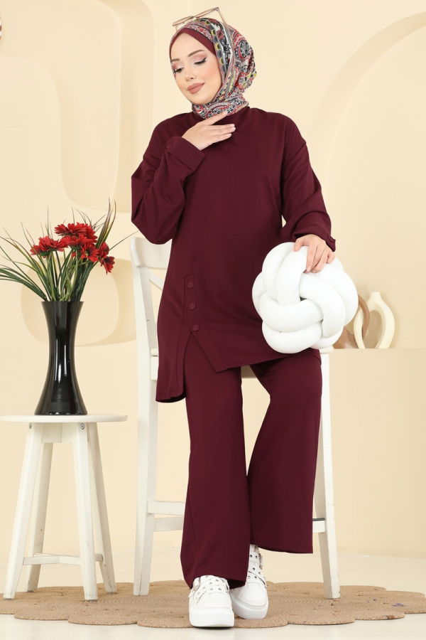 Modaselvim Kombin Yırtmacı Aksesuar Düğmeli Takım PL9181 Bordo