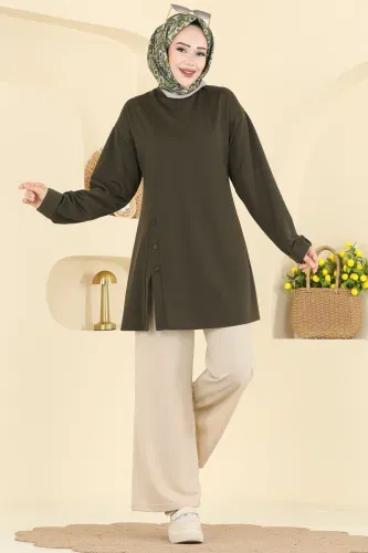 P.L. - Yırtmacı Aksesuar Düğmeli Takım PL9181 Haki&Vizyon