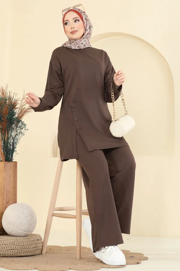 Modaselvim Kombin Yırtmacı Aksesuar Düğmeli Takım PL9181 Kahve