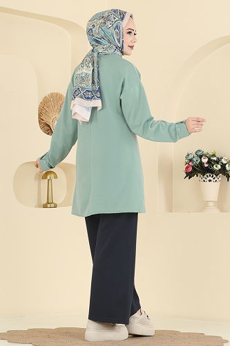 moda selvim Yırtmacı Aksesuar Düğmeli Takım PL9181 Mint&Laci - Thumbnail