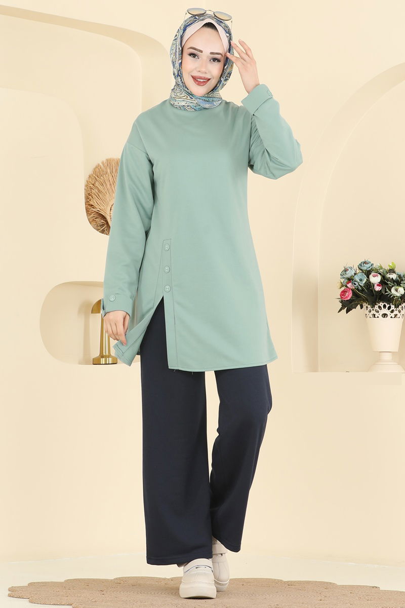 Yırtmacı Aksesuar Düğmeli Takım PL9181 Mint&Laci